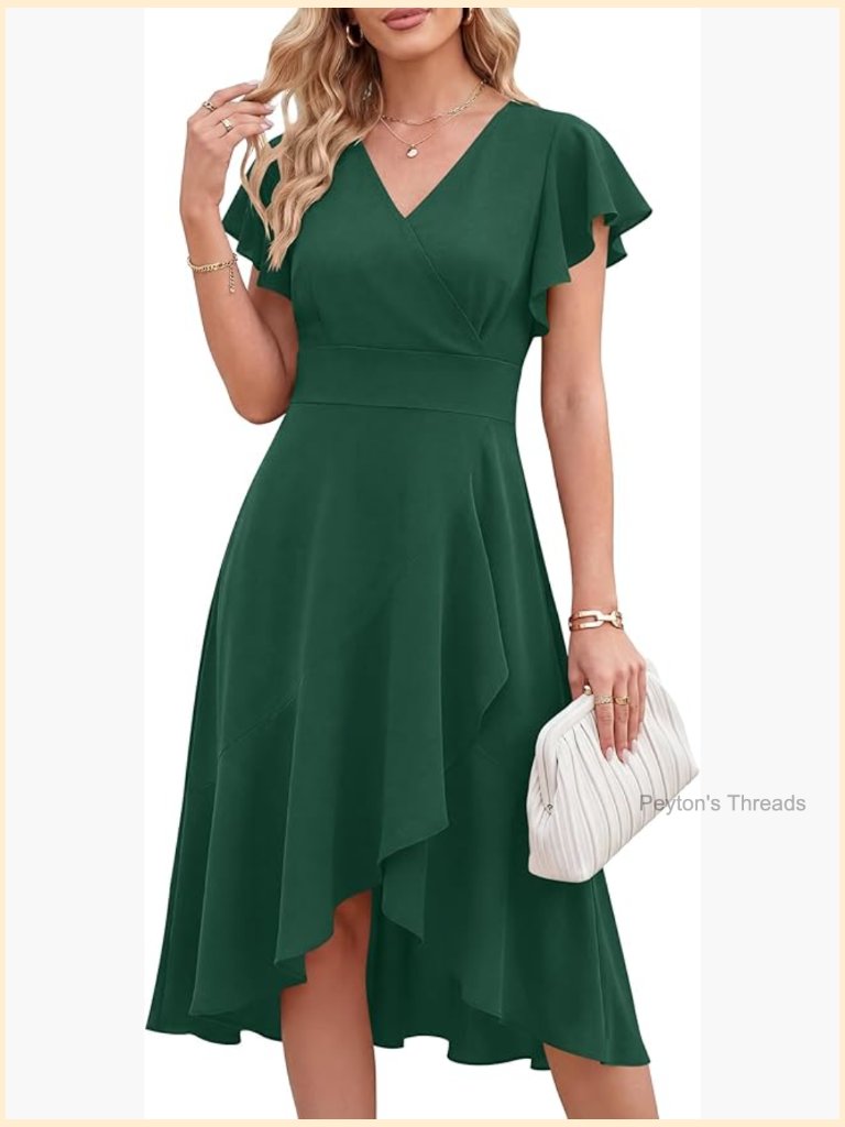 Cocktail Wrap Midi Dress With High Low Ruffle Hem V-Neck Short Sleeve